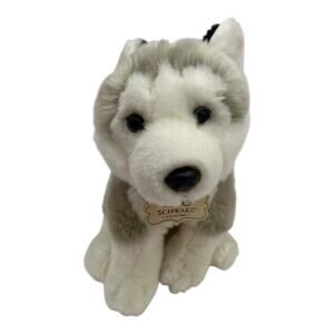 FAO Schwarz Siberian Husky Wolf Gray White Puppy Dog Plush Red Collar 9” EUC